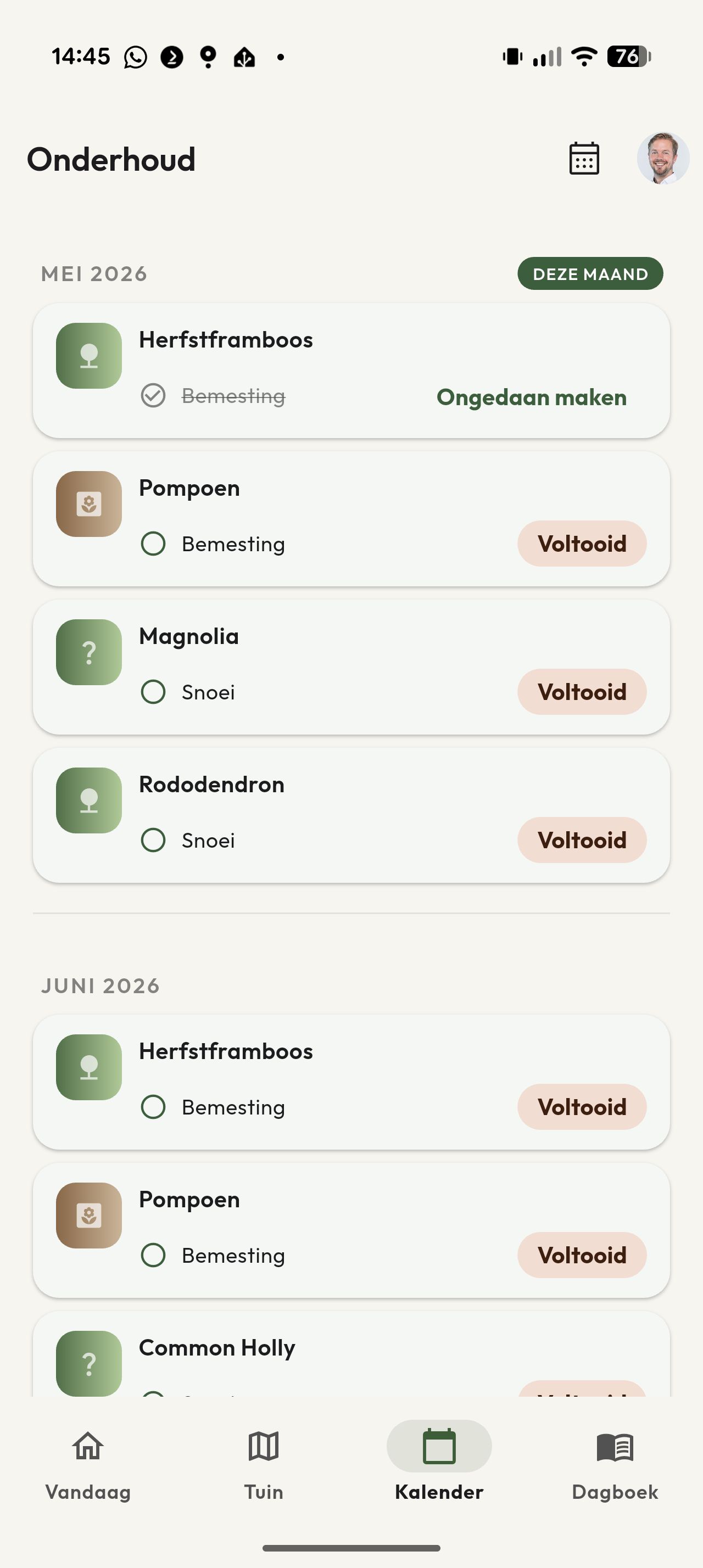 Gardi-scherm Onderhoud met de taken per maand: bemesten en snoeien