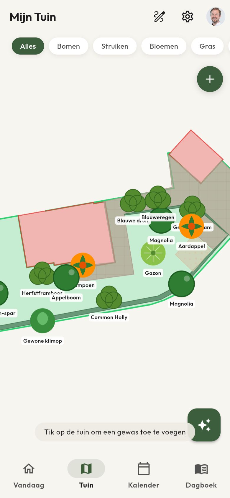 Tuinkaart met moestuingewassen zoals pompoen en aardappel naast bomen en struiken